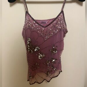 SOLD Vintage y2k pink mesh sequin beaded butterfly cami tank top